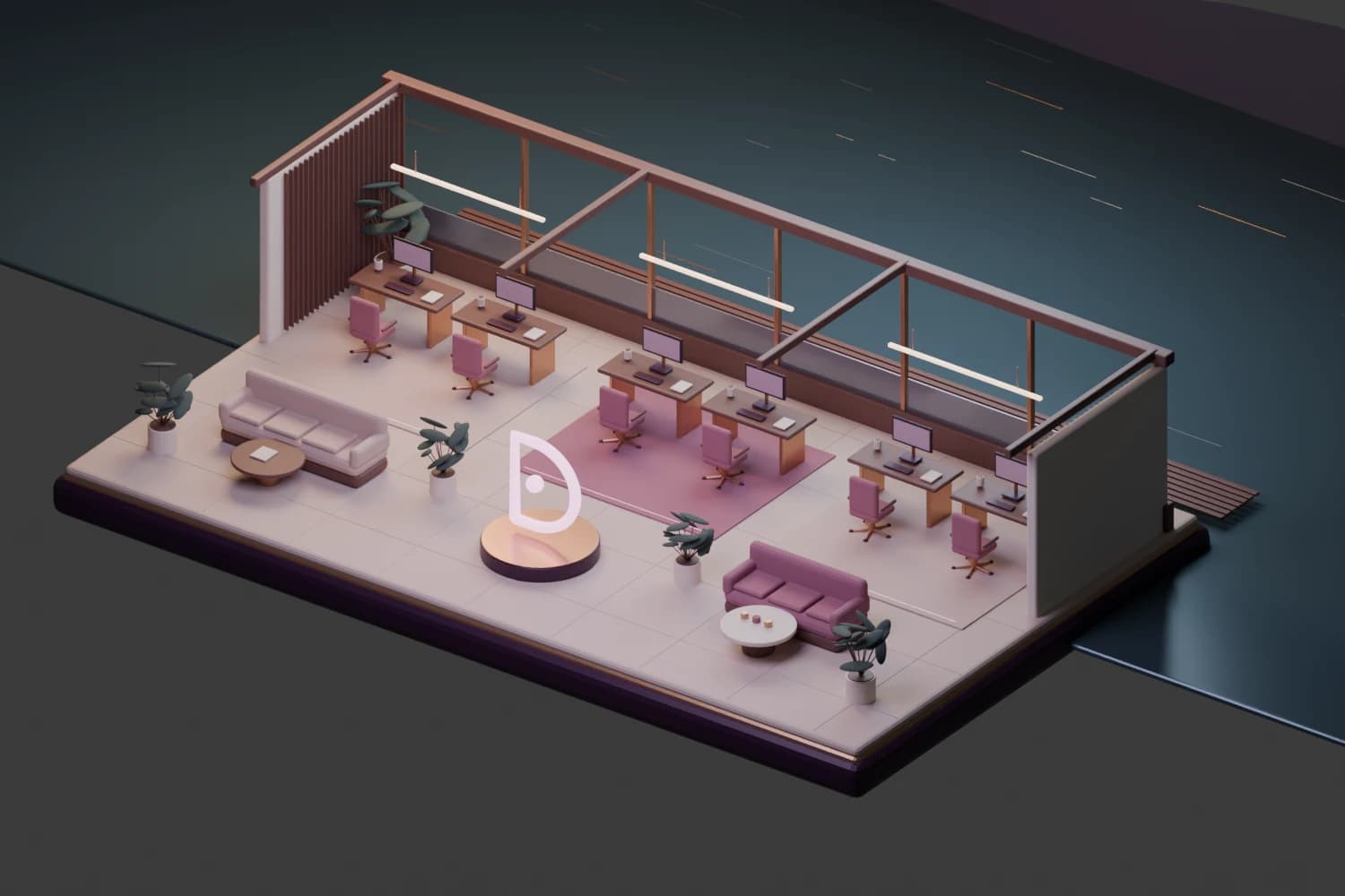 An imagined harbour studio with walnut desks, rose lounge seating and a glowing D sculpture